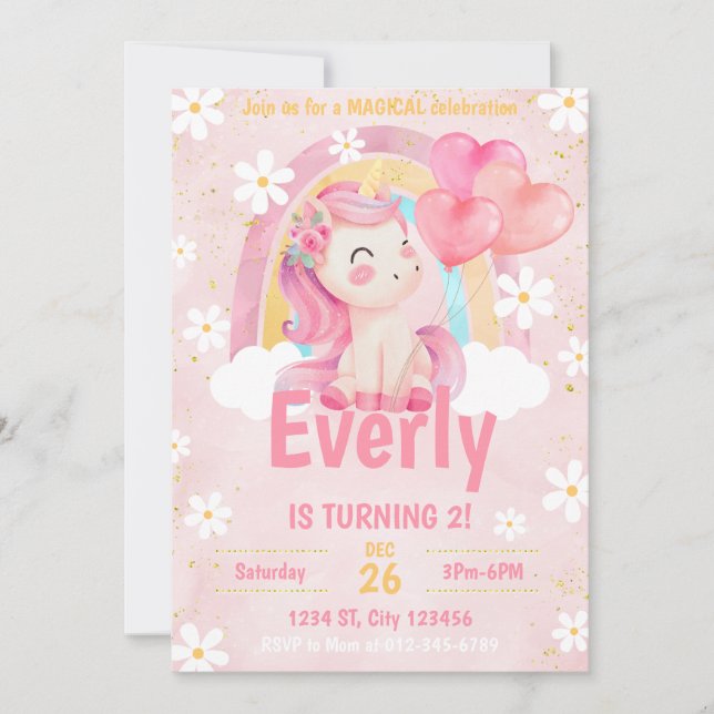 Magical Pastel Unicorn Rainbow Birthday Invite  (Front)