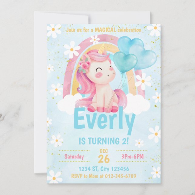 Magical Pastel Unicorn Rainbow Birthday Invite  (Front)