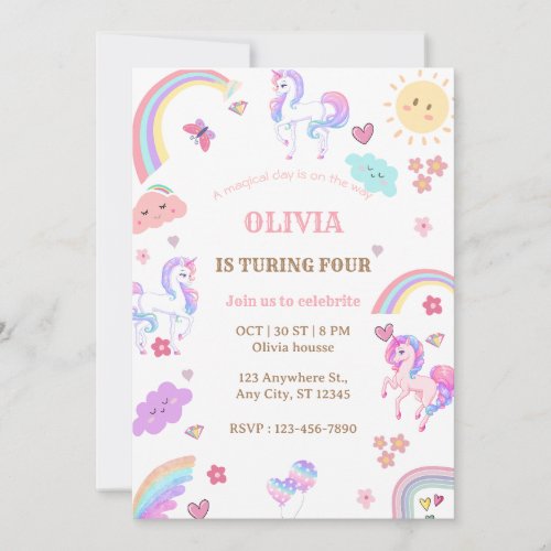 Magical Pastel Unicorn Rainbow Birthday Party Invitation