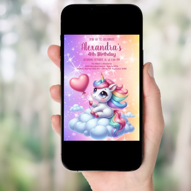 Magical Pastel Unicorn Rainbow Birthday Party Invitation (Front Digital)