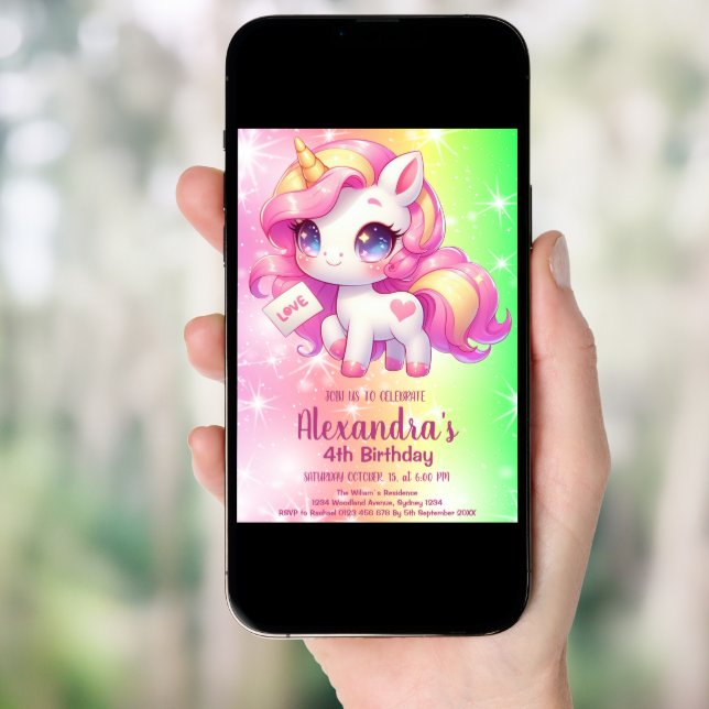 Magical Pastel Unicorn Rainbow Birthday Party Invitation (Front Digital)