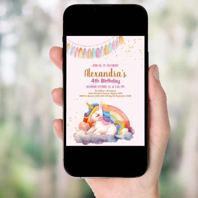 Magical Pastel Unicorn Rainbow Birthday Party Invitation (Front Digital)