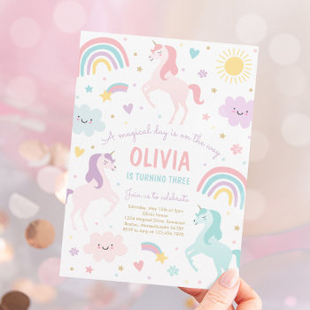 Magical Pastel Unicorn Rainbow Birthday Party Invitation by PixelPerfectionParty at Zazzle