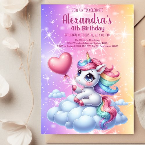 Magical Pastel Unicorn Rainbow Birthday Party Invitation