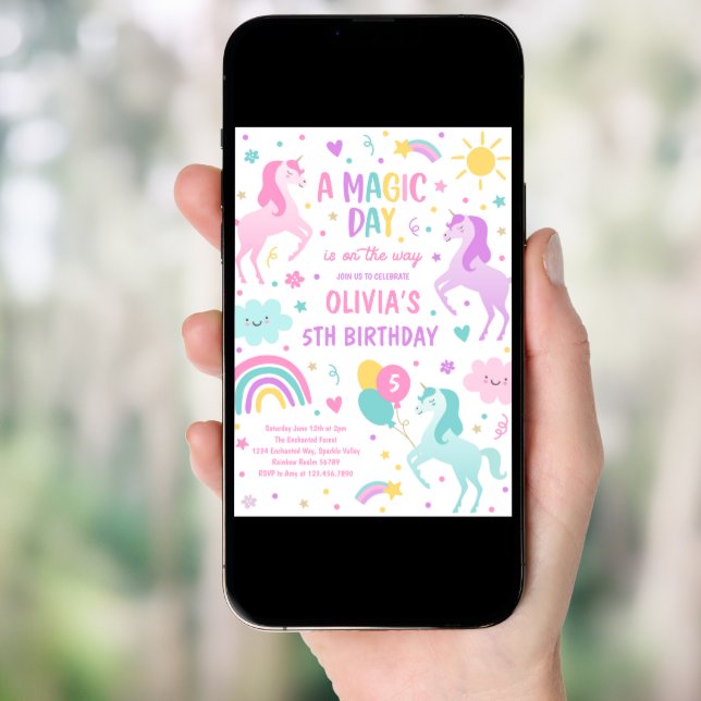 Magical Pastel Unicorn Rainbow Birthday Party Invitation (Front Digital)
