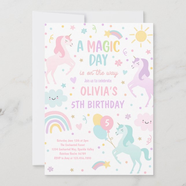Magical Pastel Unicorn Rainbow Birthday Party Invitation (Front)