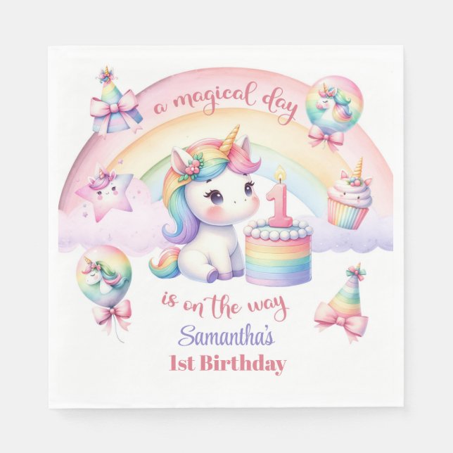 Magical Pastel Unicorn Rainbow Birthday Party Napkins (Front)