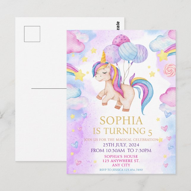 Magical Pastel Unicorn Rainbow Birthday Party Postcard (Front/Back)