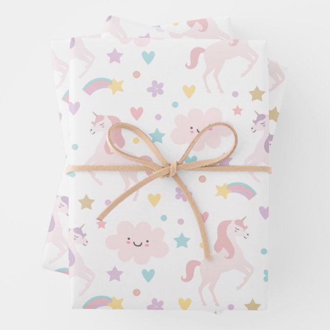 Magical Pastel Unicorn Rainbow Birthday Party Wrapping Paper Sheets (In situ)