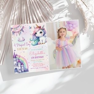 Magical Pastel Unicorn Rainbow Birthday Photo Invitation