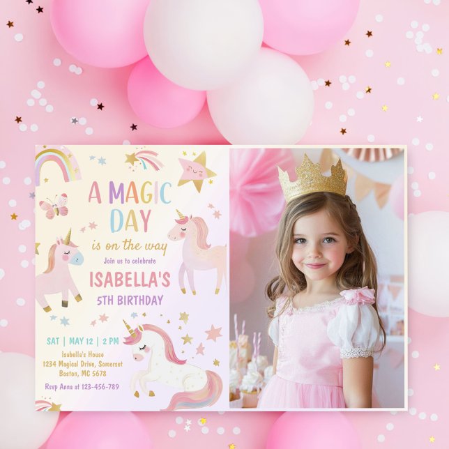 Magical Pastel Unicorn Rainbow Birthday Photo Invitation (Creator Uploaded)