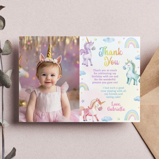 Magical Pastel Unicorn Rainbow Birthday Photo  Thank You Card (Creator Uploaded)