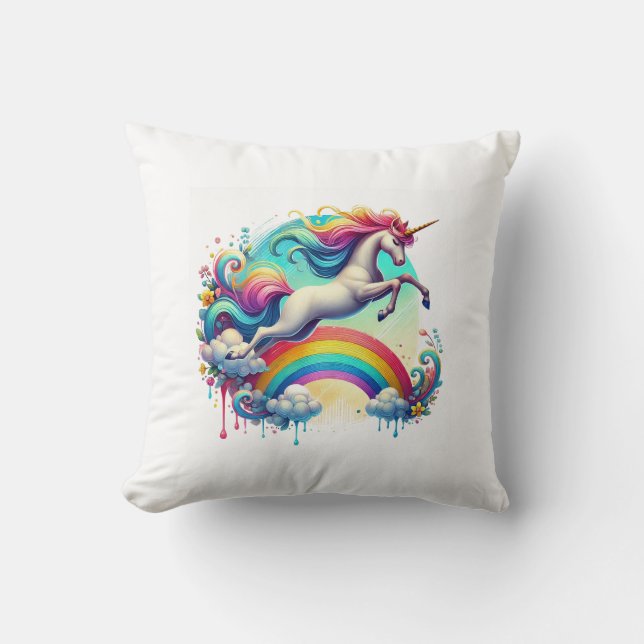  magical picture of a unicorn jumping over rainbow throw pillow (Front)