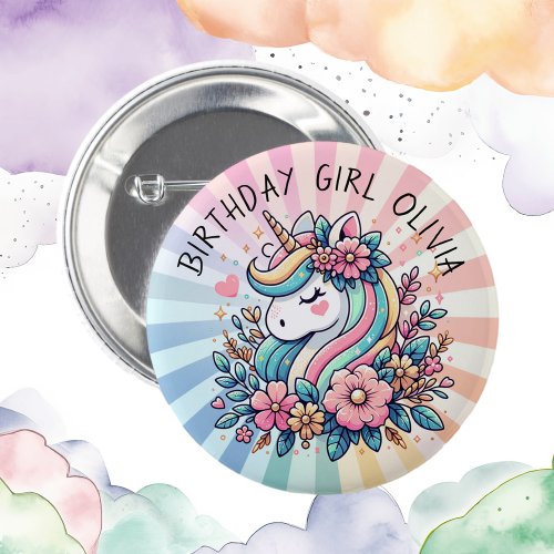 Magical Pink and Gold Unicorn and Flowers Button
