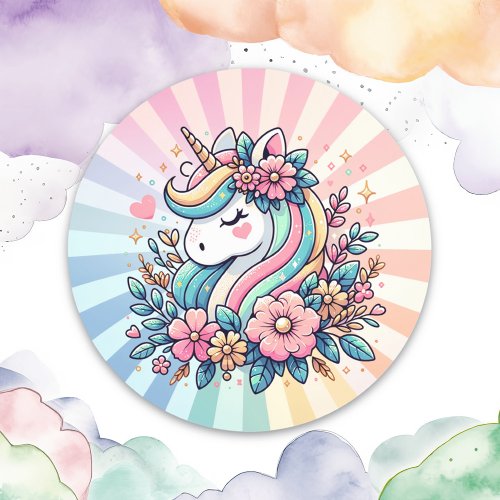 Magical Pink and Gold Unicorn and Flowers Classic Round Sticker