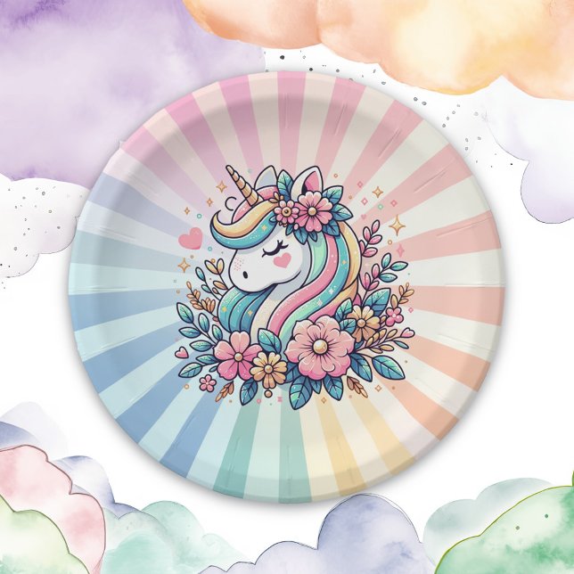 Magical Pink and Gold Unicorn and Flowers Paper Plates (Creator Uploaded)