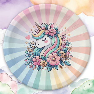 Magical Pink and Gold Unicorn and Flowers Paper Plates