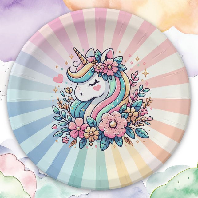 Magical Pink and Gold Unicorn and Flowers Paper Plates (Creator Uploaded)