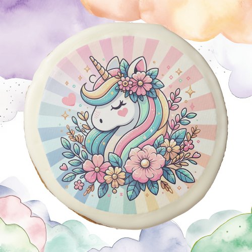 Magical Pink and Gold Unicorn and Flowers Sugar Cookie