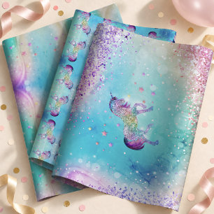 Magical Pink Aqua Glitter Unicorn Monogram Wrapping Paper Sheets