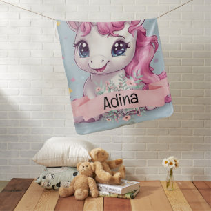 Magical Pink Baby Unicorn Stars Custom Name Baby Blanket