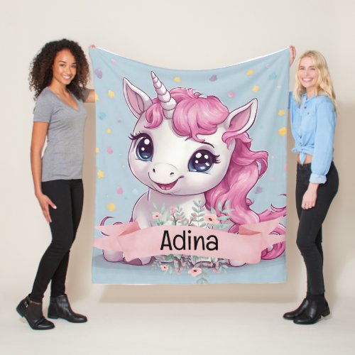 Magical Pink Baby Unicorn Stars Custom Name Fleece Blanket