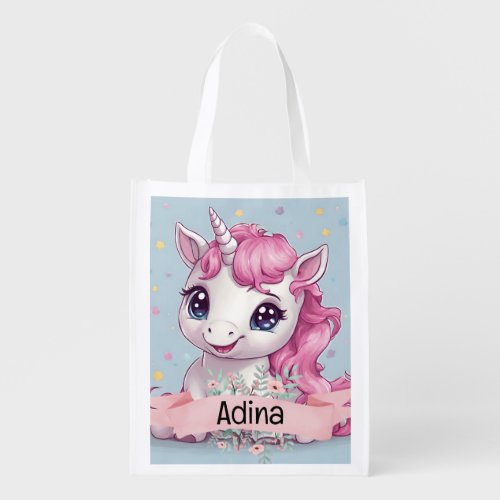 Magical Pink Baby Unicorn Stars Custom Name Grocery Bag