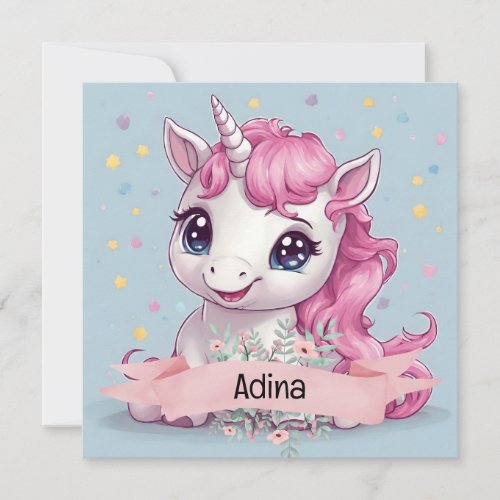 Magical Pink Baby Unicorn Stars Custom Name Invitation