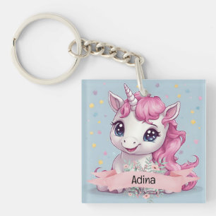 Magical Pink Baby Unicorn Stars Custom Name Keychain