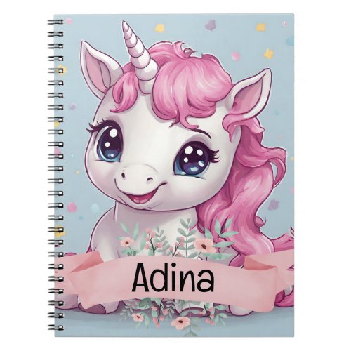 Magical Pink Baby Unicorn Stars Custom Name Notebook