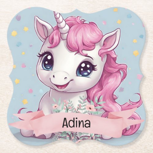 Magical Pink Baby Unicorn Stars Custom Name Paper Coaster