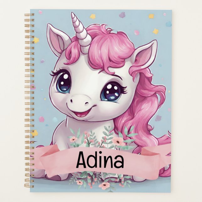 Magical Pink Baby Unicorn Stars Custom Name Planner (Front)