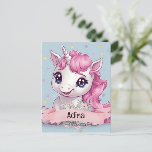 Magical Pink Baby Unicorn Stars Custom Name Postcard