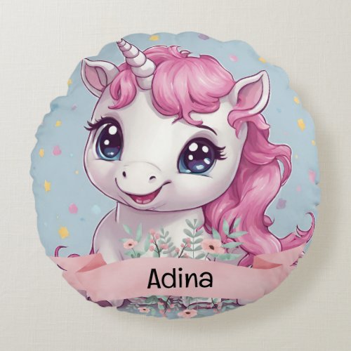 Magical Pink Baby Unicorn Stars Custom Name Round Pillow
