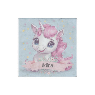 Magical Pink Baby Unicorn Stars Custom Name Stone Magnet