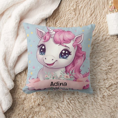 Magical Pink Baby Unicorn Stars Custom Name Throw Pillow