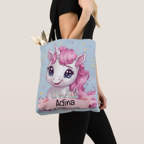 Magical Pink Baby Unicorn Stars Custom Name Tote Bag