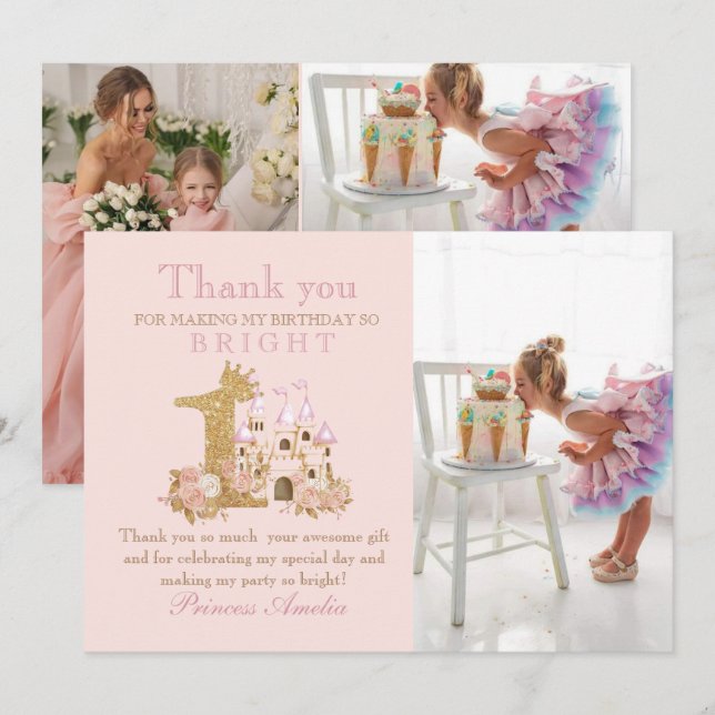 Magical pink Castle Kingdom Birthday Thank You Card (Front/Back)