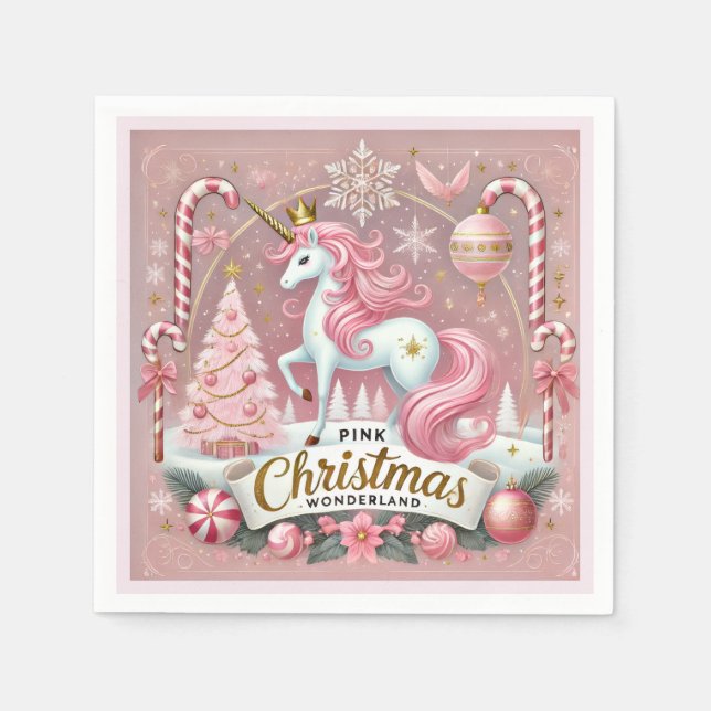 Magical Pink Christmas Wonderland Unicorn  Napkins (Front)