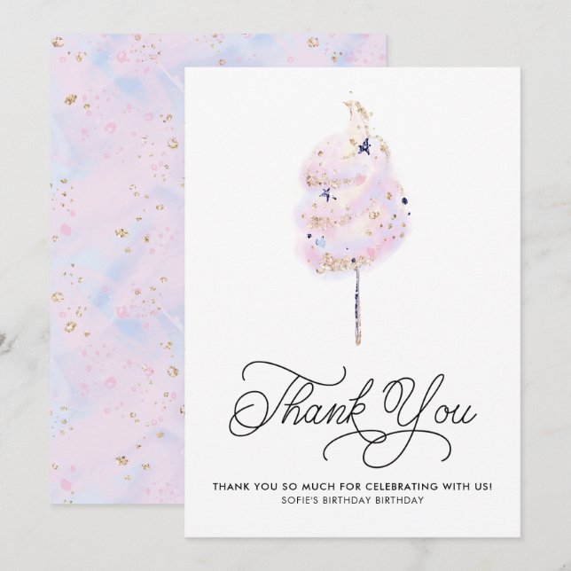 Magical Pink Cotton Candy and Glitter Thank You Invitation (Front/Back)