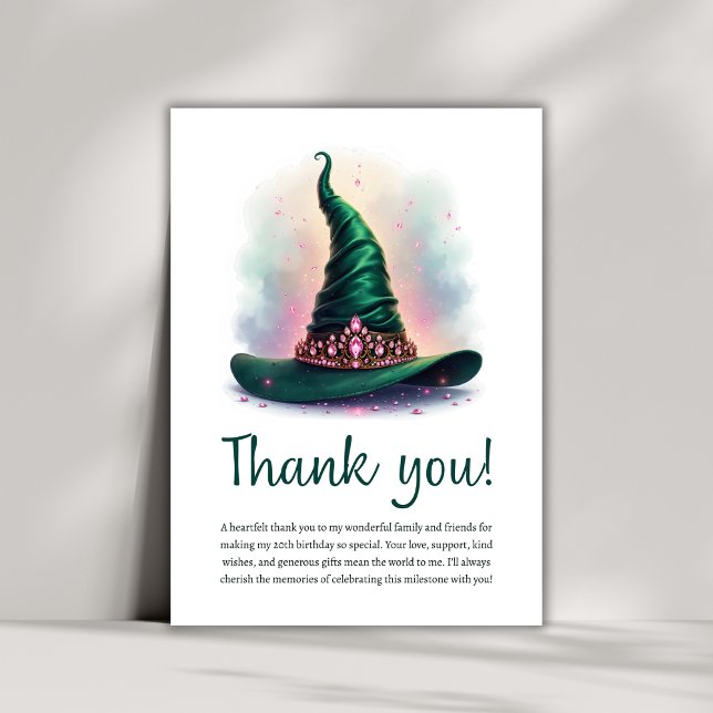 Magical Pink Crown & Green Witch Hat Birthday  Thank You Card (Whimsical Crown & Green Wicked Witch Hat Birthday Thank You Card)
