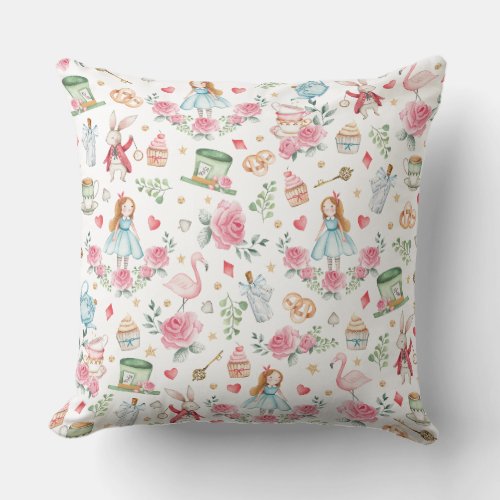 Magical Pink Floral Alice in Wonderland  Throw Pillow