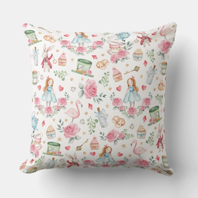 Magical Pink Floral Alice in Wonderland  Throw Pillow (Front)