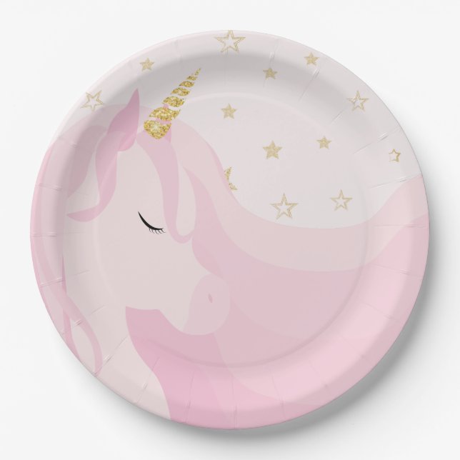 Magical Pink Gold Unicorn Birthday  Paper Plates (Front)