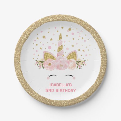 Magical Pink Gold Unicorn Birthday Party Paper Plates