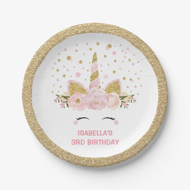 Magical Pink Gold Unicorn Birthday Party Paper Plates (Front)