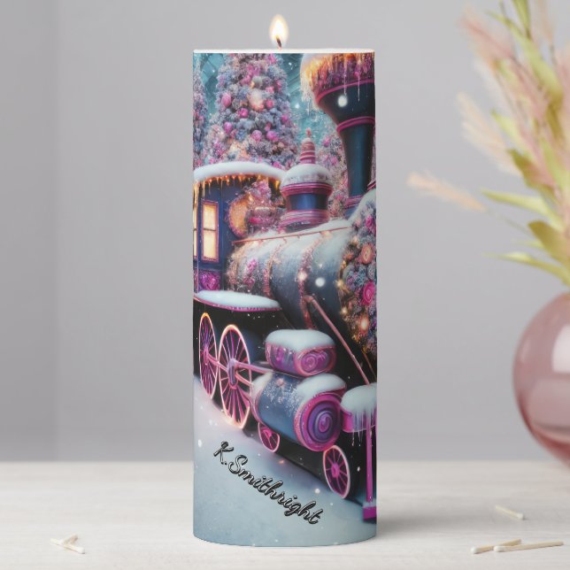 Magical Pink Purple Christmas Train Wonderland Pillar Candle (In Situ)