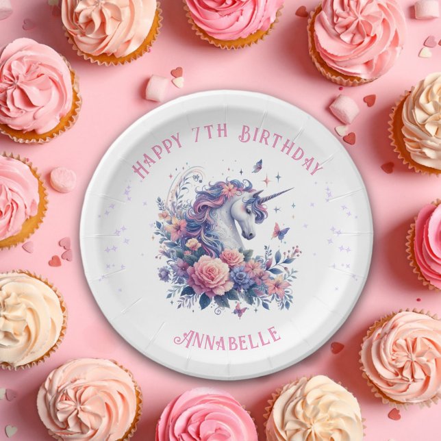 Magical Pink Purple Unicorn Girls Birthday  Paper Plates (Creator Uploaded)