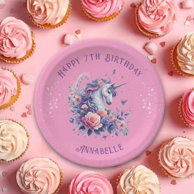 Magical Pink Purple Unicorn Girls Birthday  Paper Plates (Creator Uploaded)