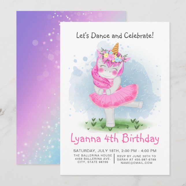 Magical Pink Tutu Dance Unicorn Birthday Invitation (Front/Back)